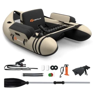 YYAo Inflatable Fishing Float Tube with Pump Storage Pockets and Fish Ruler, Fishing Boat-Beige